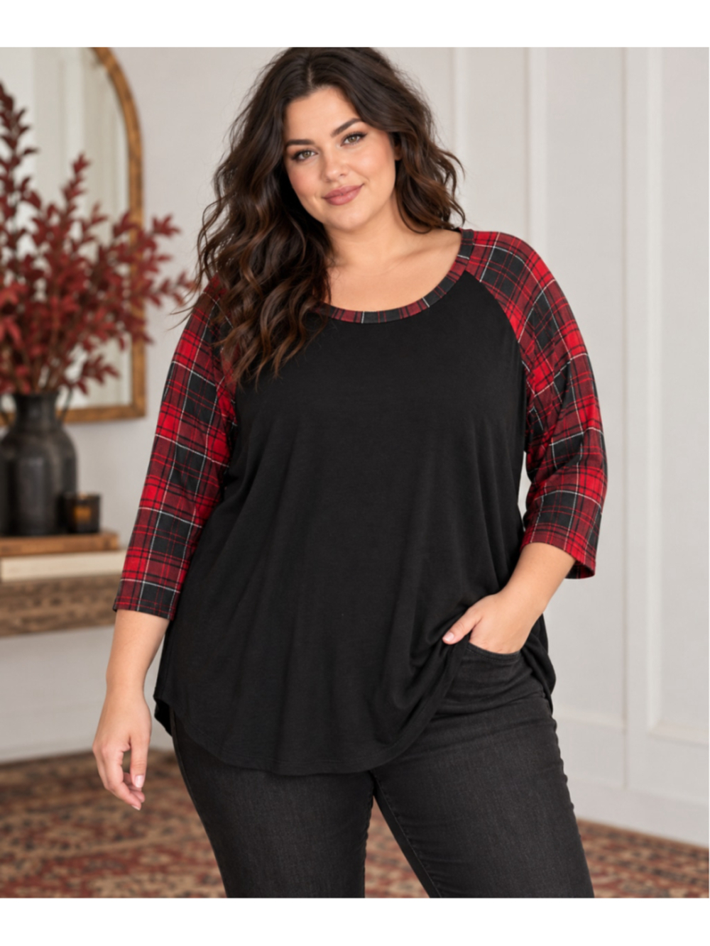 Torrid Super Soft Plaid Raglan Top Size 2 2X Black Red 3/4 Sleeve